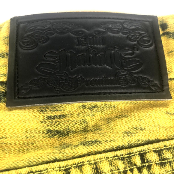 12am Nation Mens Distressed Denim Shorts Size 34 Mustard Yellow Black Acid Wash - Picture 11 of 15